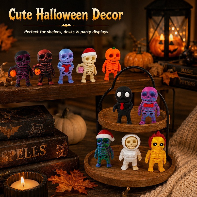 3D Printed Mini Skeleton Figurines 10-Pack (Assorted Halloween Character Desk Decor, Articulated Sculpted PLA Figures for Tiered Trays, Party Favors & Shelves) gallery view 3