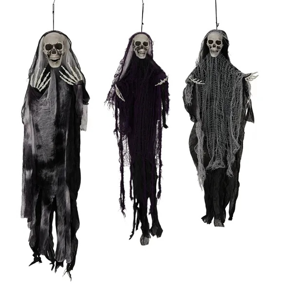 3-Pack Hanging Halloween Grim Reaper Skeleton Ghosts with Posable Arms (Outdoor Tree & Porch Spooky Yard Decor)
