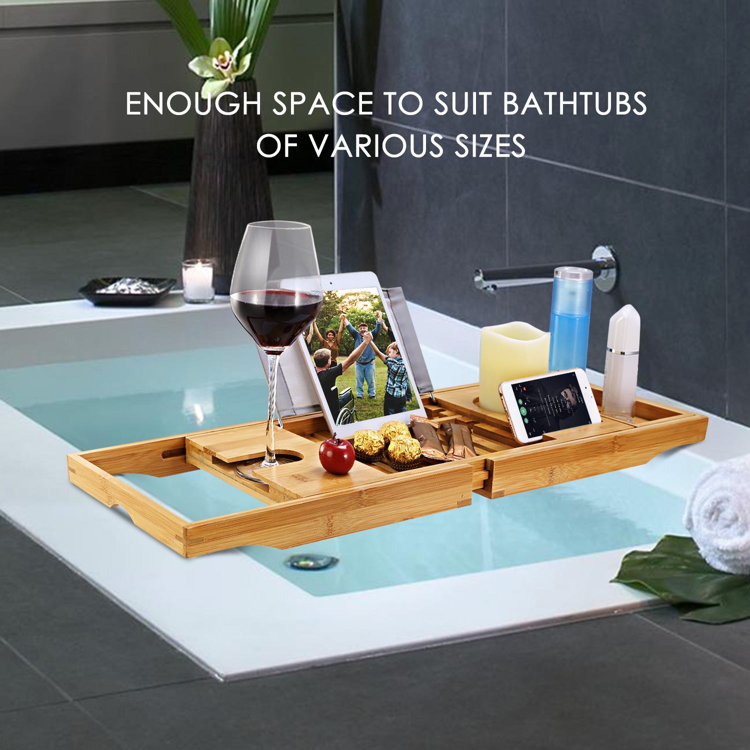 Extendable Bamboo Bathtub Caddy Tray with Wine Glass Holder & Tablet Reading Rack (Adjustable 27.6" – 41.3" Home Spa Organizer) gallery view 4