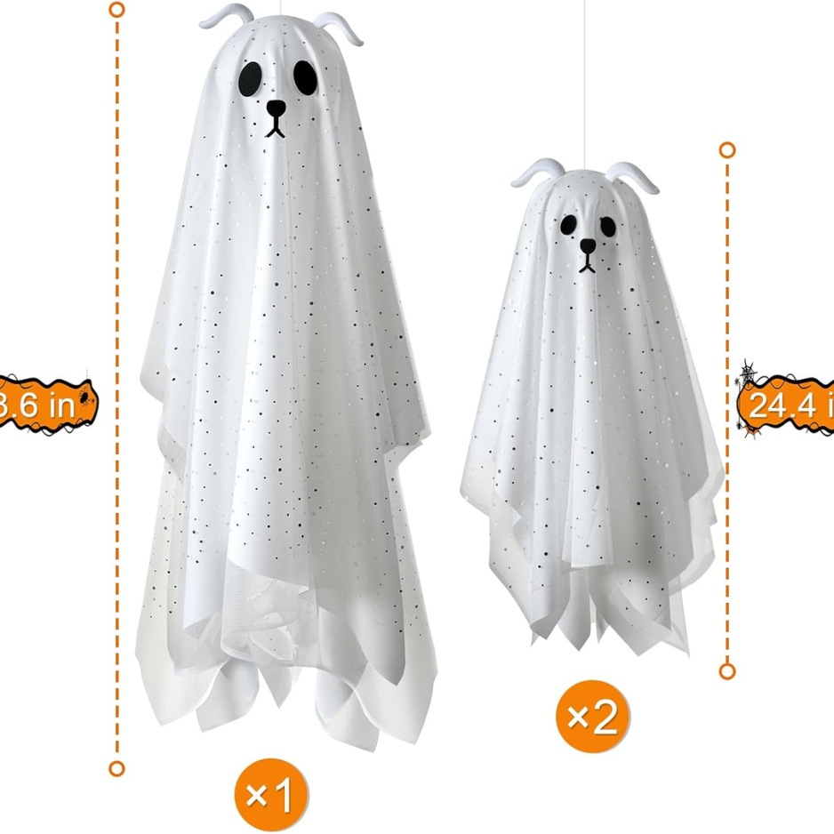 Lighted Halloween Hanging Ghost Dogs 3-Pack (Assorted 38.6" & 24.4" Fabric Puppy Ghosts with Warm LED Lights & Remote, Floppy Ears & Glitter Gauze Outdoor Porch & Yard Decor) gallery view 4