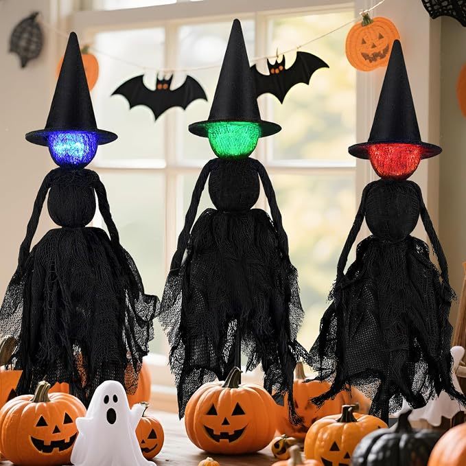 TidyVo 3-Piece Lighted Halloween Witch Figurines by Window with Pumpkins