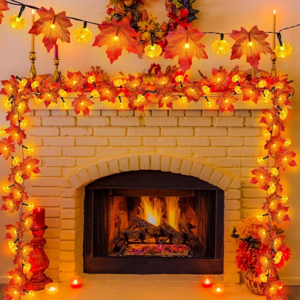 Glowing Autumn Maple Leaf Garland 3-Pack with Smart Timer (30Ft / 60 LEDs)