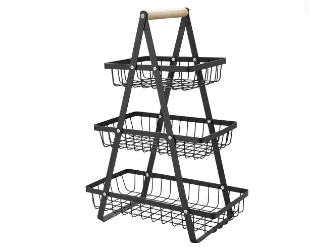 2 & 3-Tier Kitchen Countertop Fruit & Vegetable Storage Basket Stand with Wooden Handle (Rustproof Carbon Steel Wire Organizer) gallery view 7