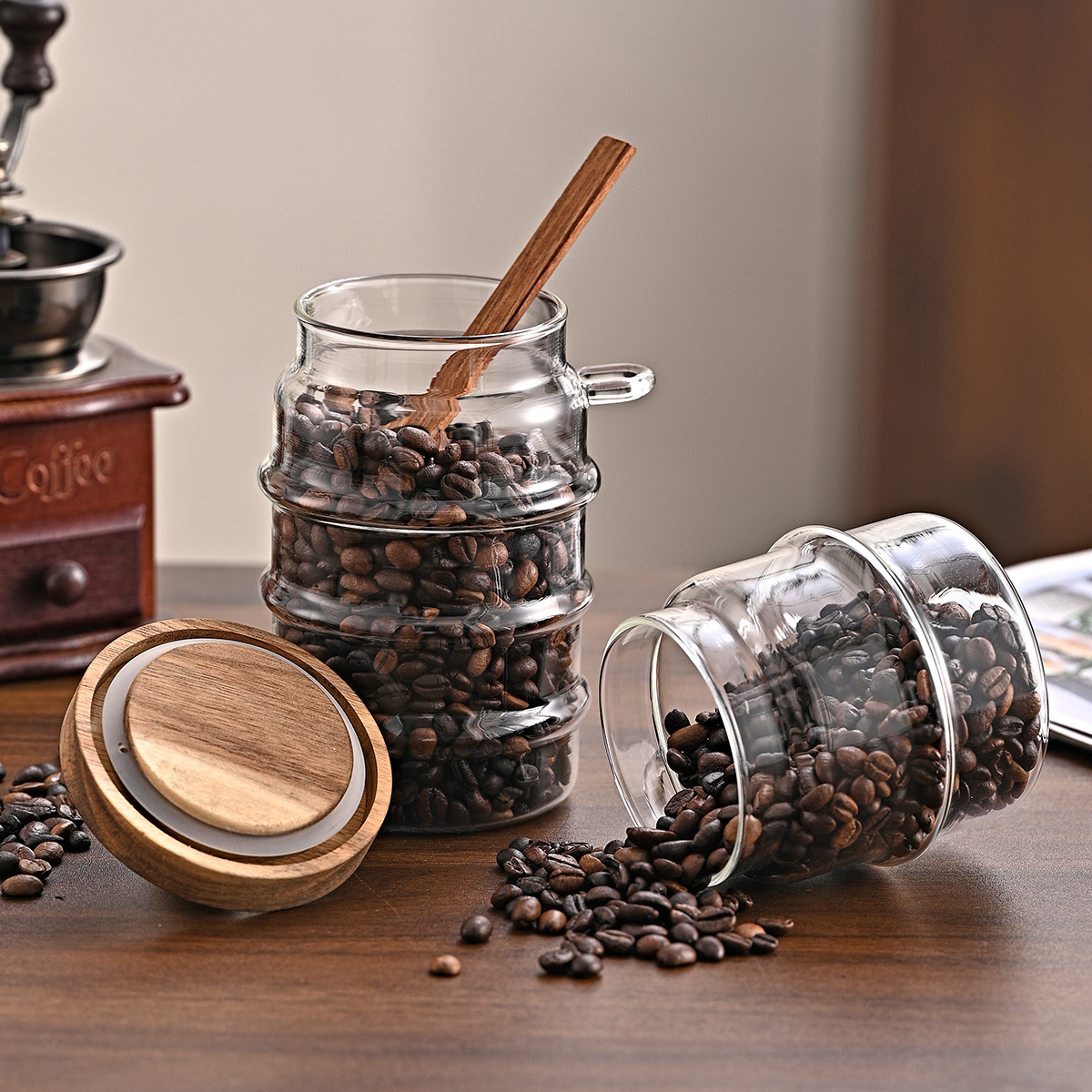 3-Piece Ribbed Glass Storage Canister Set with Airtight Acacia Wood Lids & Wooden Spoons (15 oz, 18.5 oz, 25 oz Coffee Bar & Pantry Organizers) gallery view 9
