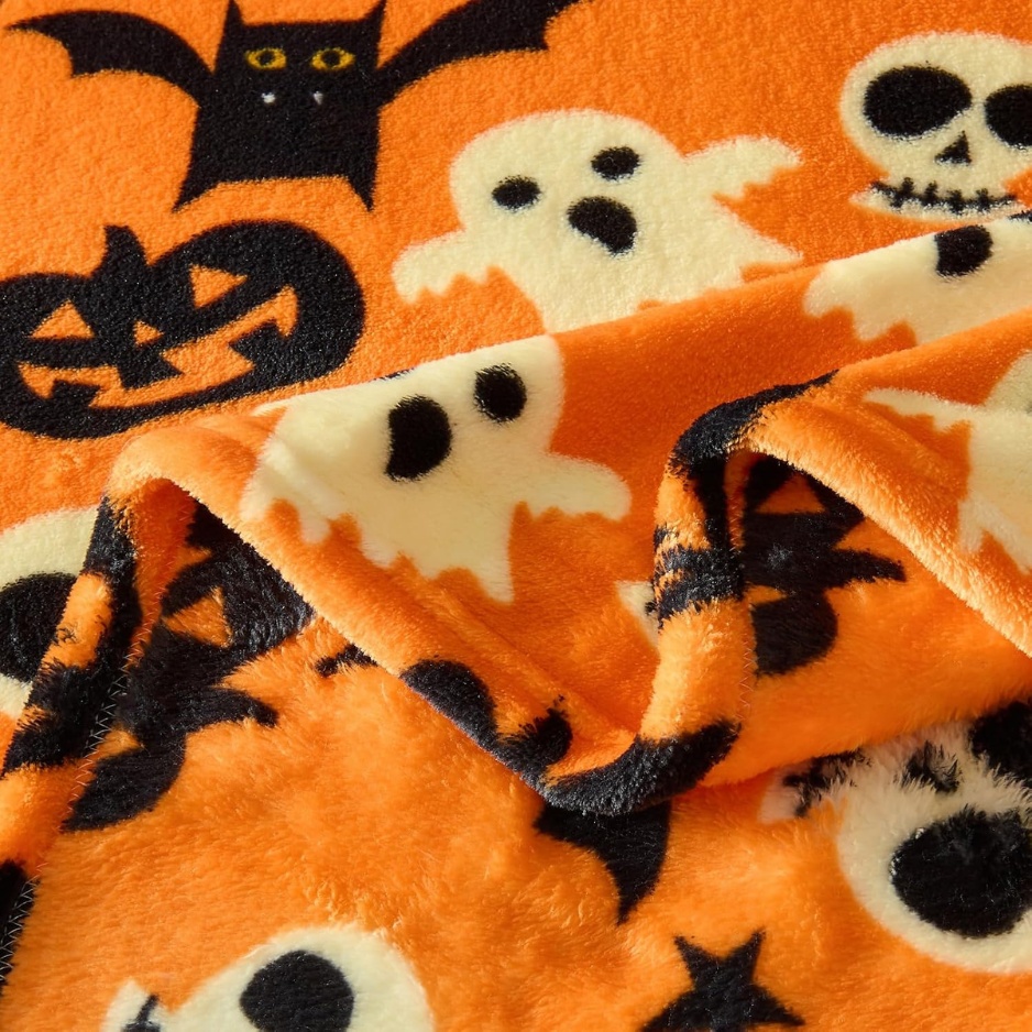 Halloween Plush Throw Blanket (50" × 60" Cozy Flannel Fleece Blanket with Ghosts, Pumpkins, Skulls & Bats, Spooky Orange Autumn Sofa & Bed Decor) gallery view 2