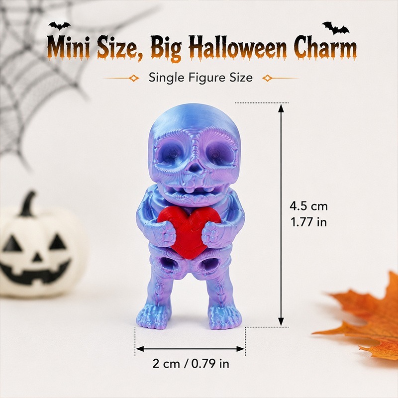 3D Printed Mini Skeleton Figurines 10-Pack (Assorted Halloween Character Desk Decor, Articulated Sculpted PLA Figures for Tiered Trays, Party Favors & Shelves) gallery view 4