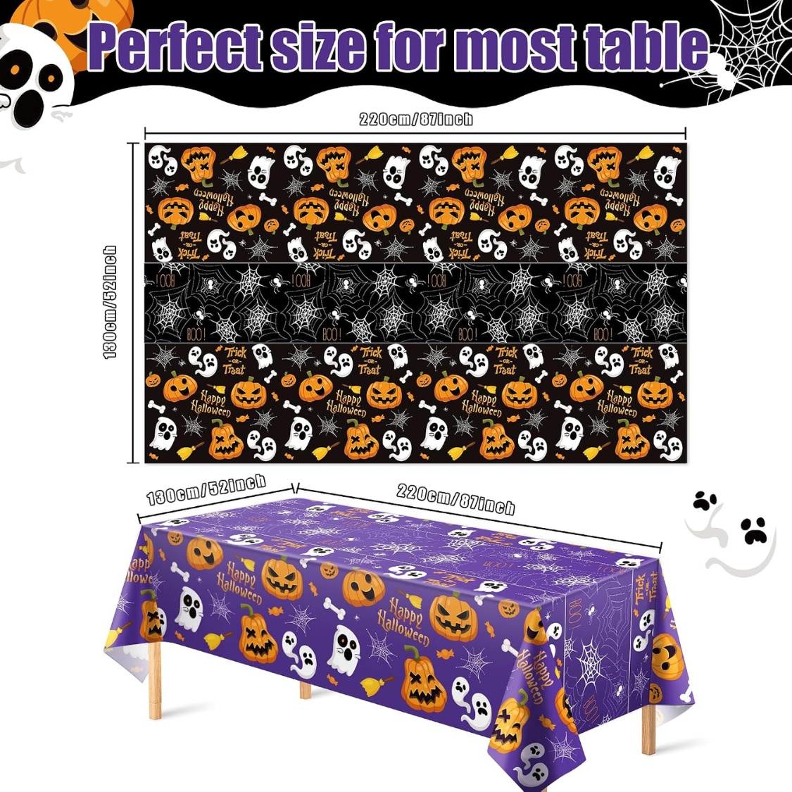 Disposable Halloween Plastic Tablecloth 2-Pack (87" × 51" Waterproof & Oil-Proof Rectangular Table Covers, 1 Black & 1 Purple for Parties, Pumpkin Carving & Buffets) gallery view 3