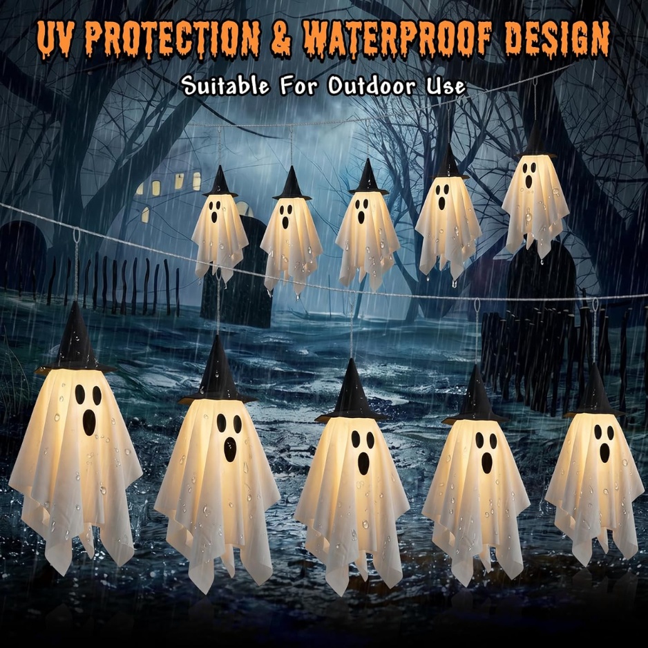 UV-Protected and Waterproof Ghost String Lights Hanging in Outdoor Rain