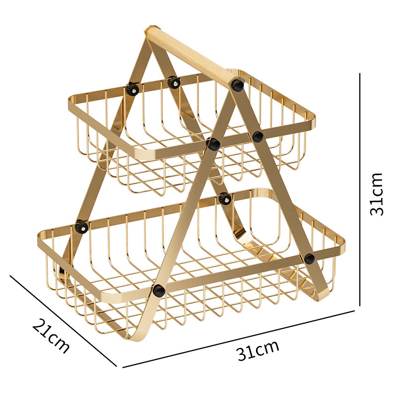 2-Tier Electroplated Gold Kitchen Fruit Basket Stand with Handle