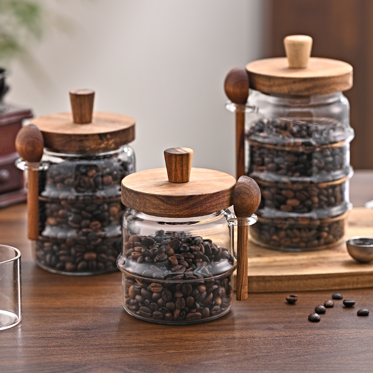 3-Piece Ribbed Glass Storage Canister Set with Airtight Acacia Wood Lids & Wooden Spoons (15 oz, 18.5 oz, 25 oz Coffee Bar & Pantry Organizers) gallery view 3