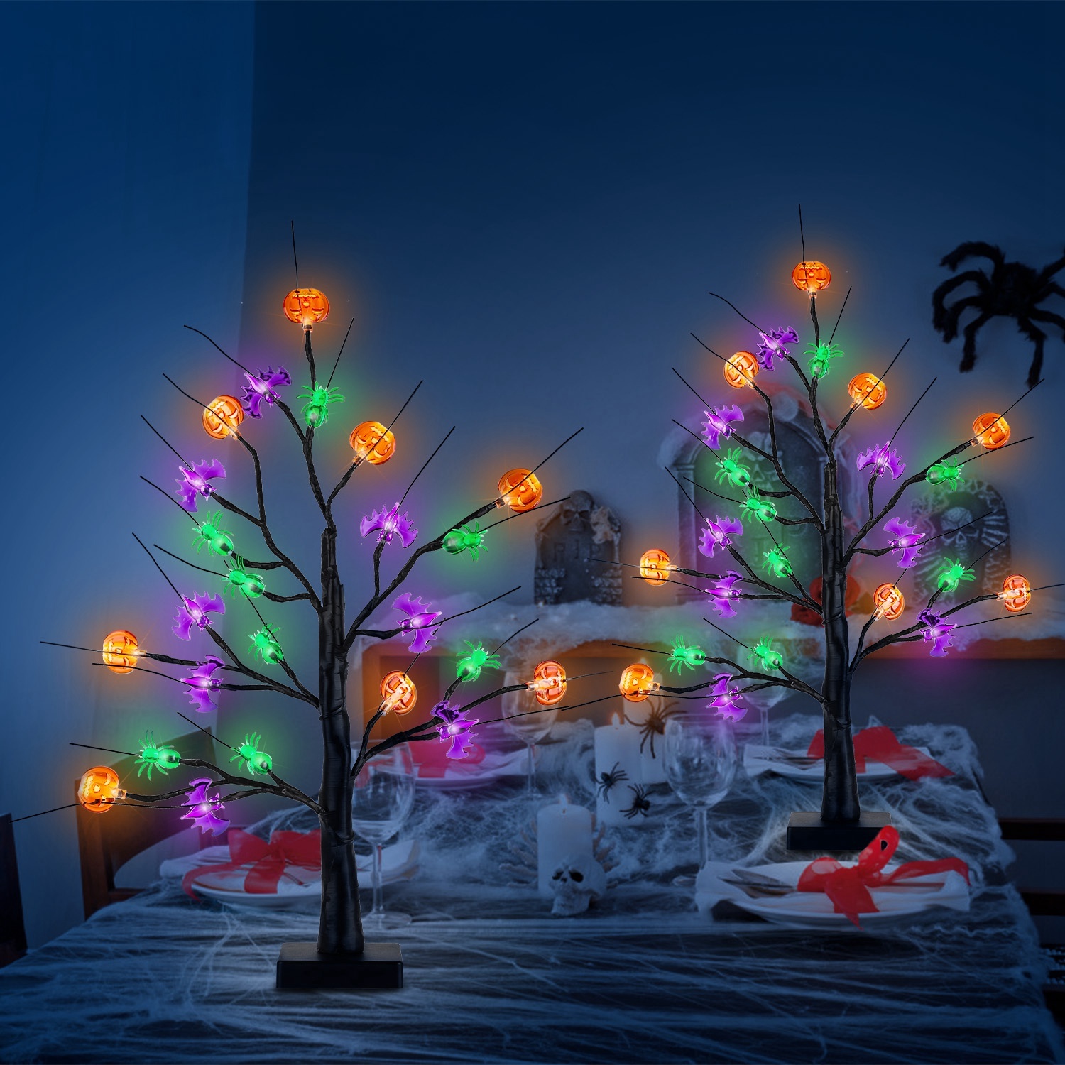 2-Pack 24″ Lighted Black Halloween Trees with Timer – Pre-Lit Tabletop Branch Decor for Indoor Party gallery view 4