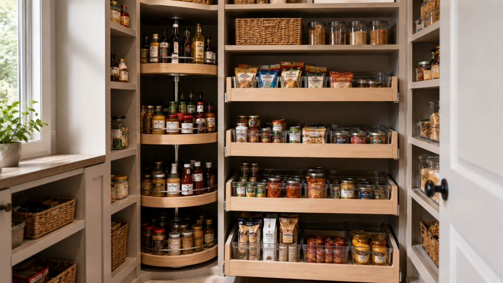 Deep pantry with lazy Susan and pull-out storage bins