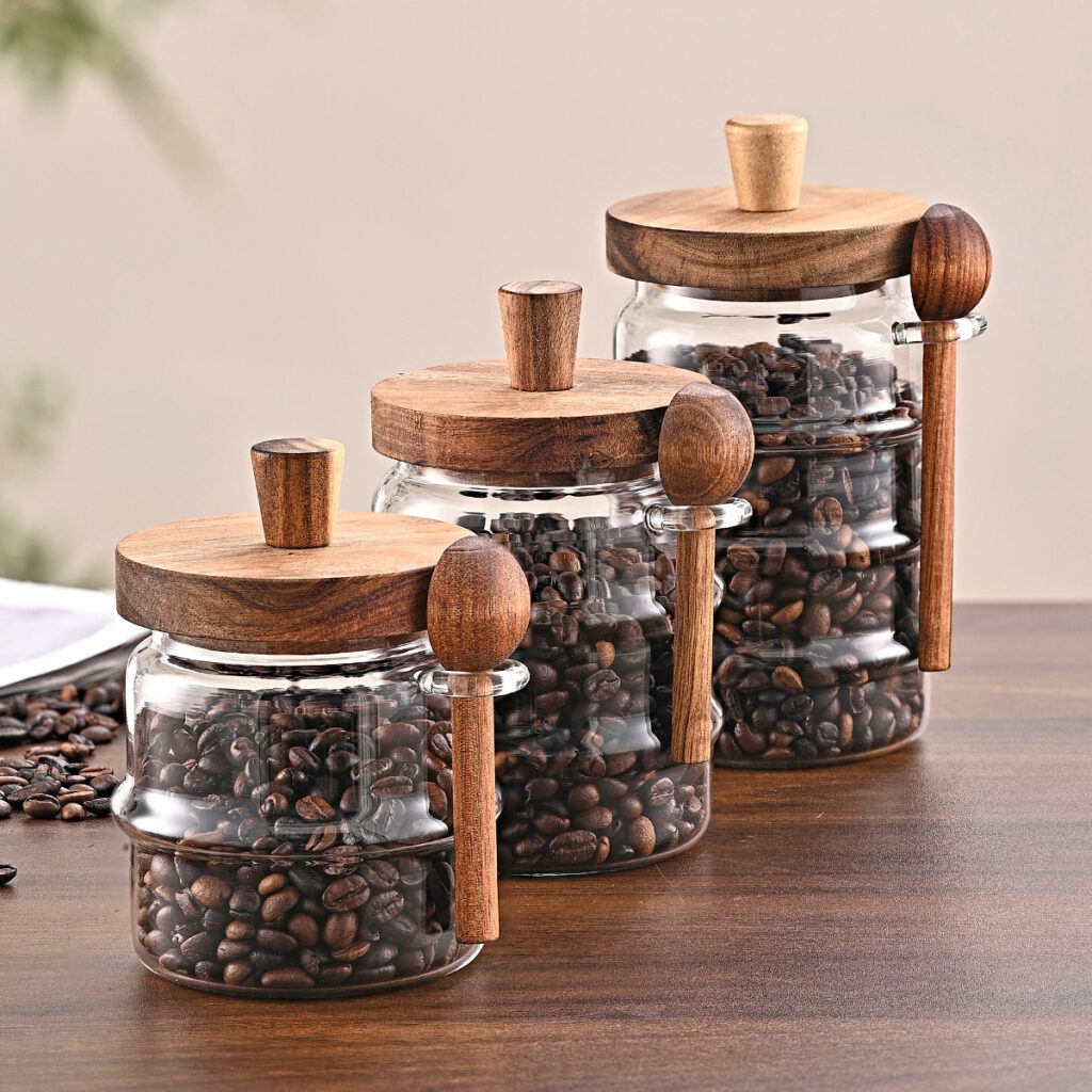 3-Piece Ribbed Glass Storage Canister Set with Airtight Acacia Wood Lids & Wooden Spoons (15 oz, 18.5 oz, 25 oz Coffee Bar & Pantry Organizers)