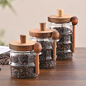 3-Piece Ribbed Glass Storage Canister Set with Airtight Acacia Wood Lids & Wooden Spoons (15 oz, 18.5 oz, 25 oz Coffee Bar & Pantry Organizers)