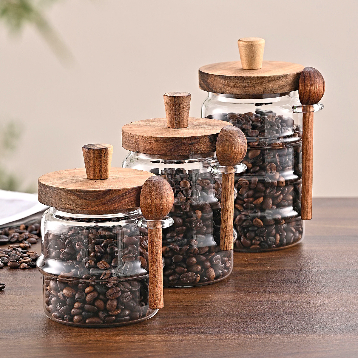 3-Piece Ribbed Glass Storage Canister Set with Airtight Acacia Wood Lids & Wooden Spoons (15 oz, 18.5 oz, 25 oz Coffee Bar & Pantry Organizers) gallery view 1