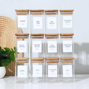 12-Piece Square Glass Spice Jars Set with 72 Waterproof Labels
