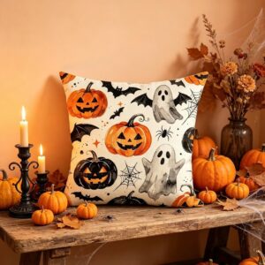 Cute Ghost & Pumpkin Halloween Throw Pillow Cover (18" × 18" Rustic Faux Linen Cushion Case with Invisible Zipper, Autumn Watercolor Print for Sofa, Couch, Bench & Bed)