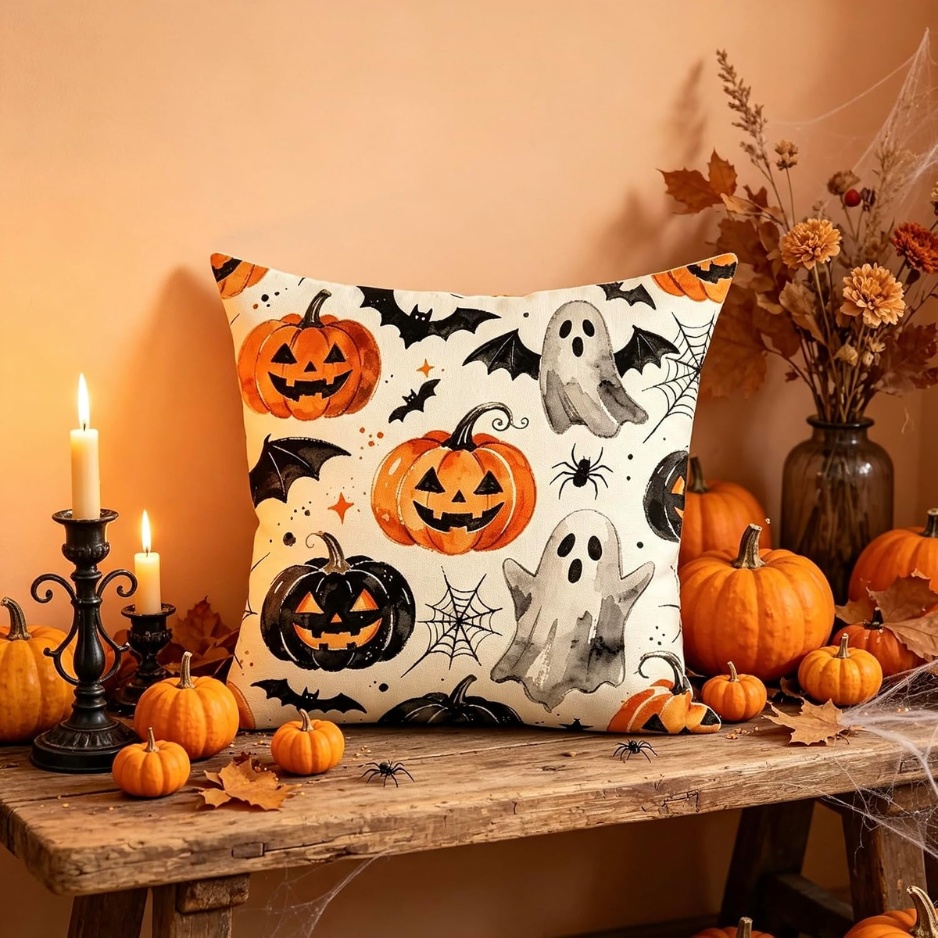 Cute Ghost & Pumpkin Halloween Throw Pillow Cover (18" × 18" Rustic Faux Linen Cushion Case with Invisible Zipper, Autumn Watercolor Print for Sofa, Couch, Bench & Bed)