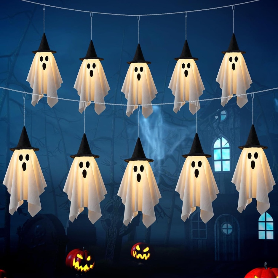 Halloween Light-Up Ghost String Lights with Witch Hats (12.5 FT 10-LED Glowing Fabric Ghosts, 8 Lighting Modes & 6H Timer, Battery-Operated Waterproof Outdoor Porch & Yard Decor) gallery view 1