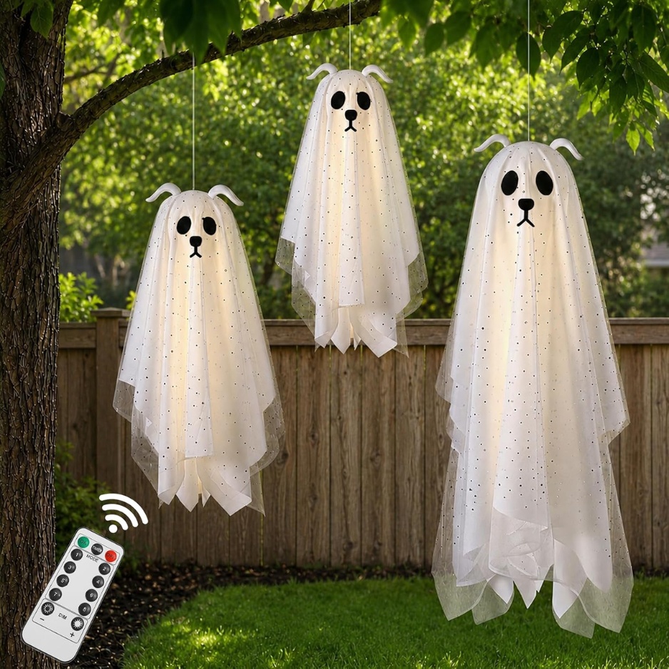 Lighted Halloween Hanging Ghost Dogs 3-Pack (Assorted 38.6" & 24.4" Fabric Puppy Ghosts with Warm LED Lights & Remote, Floppy Ears & Glitter Gauze Outdoor Porch & Yard Decor) gallery view 3