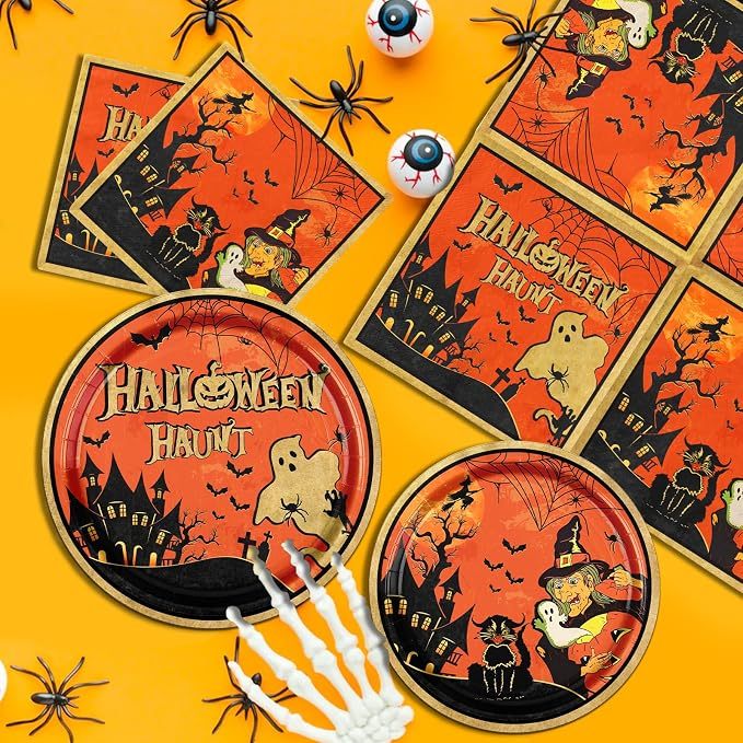 Vintage Halloween Party Tableware Set (142-Piece Kit – Serves 20 Guests with Tablecloth & Banner) gallery view 2