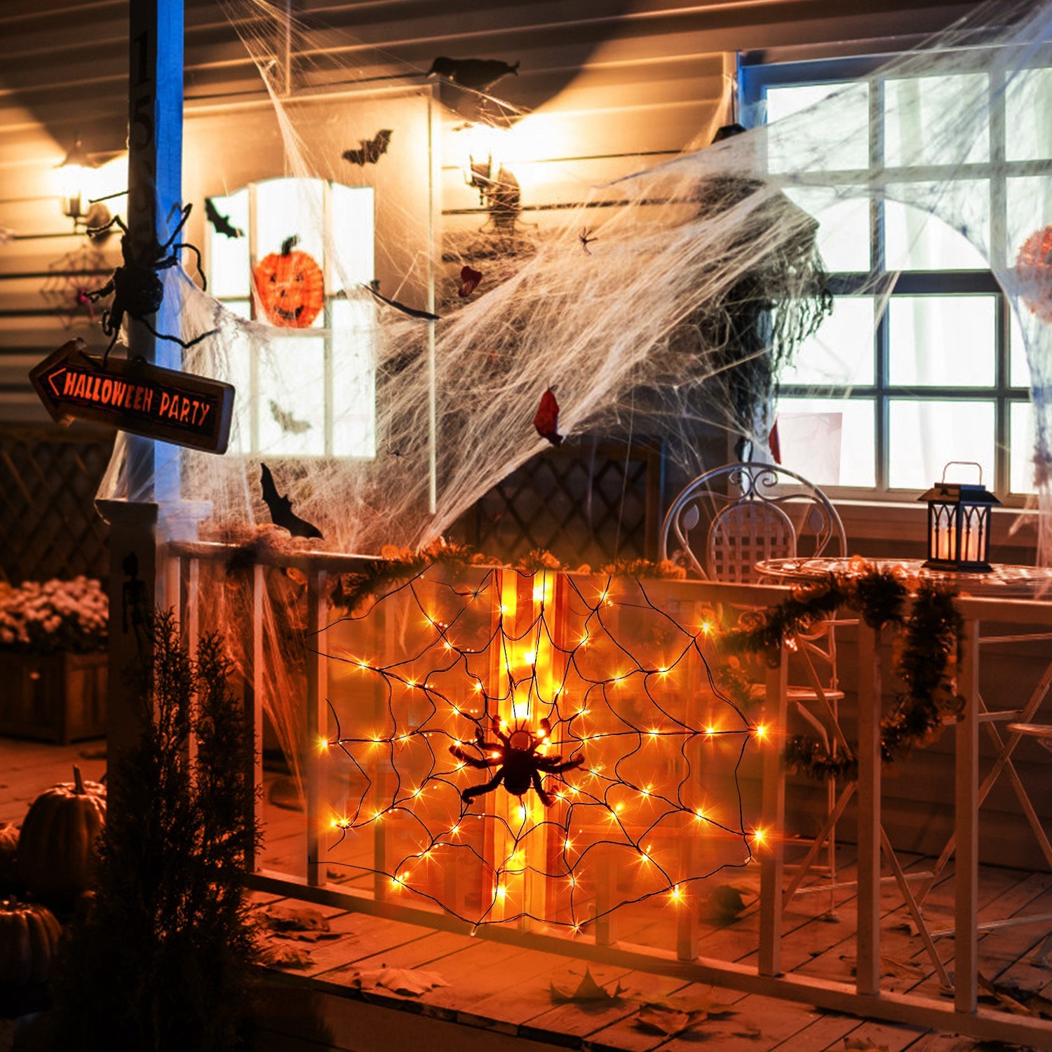 Halloween Spider Web Lights with Plush Spider – 3.3FT 70-LED Battery Operated Decor with Remote gallery view 7