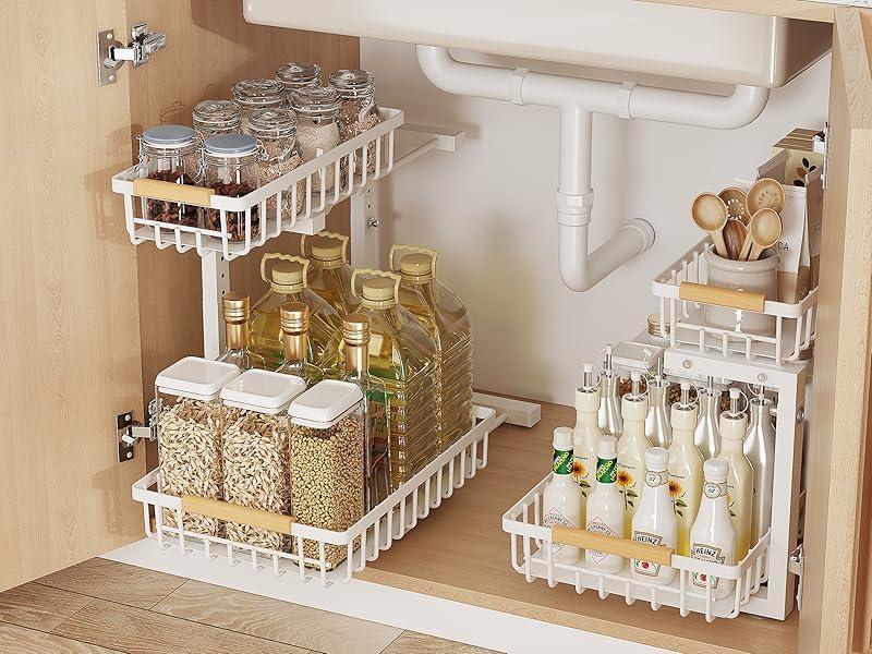 2-Tier Adjustable Under Sink Organizer (Pull-Out L-Shaped Metal Storage Rack for Kitchen & Bathroom)
