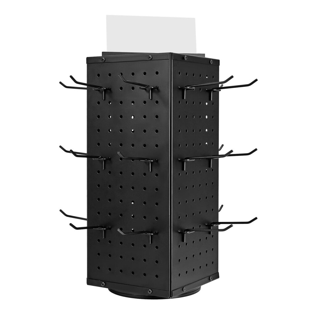 Rotating Pegboard Display Stand (4-Sided 360° Spinning Tower, 24 Steel Hooks, Heavy-Duty Cold-Rolled Steel Countertop Organizer for Crafts, Jewelry & Tools, Matte Black)