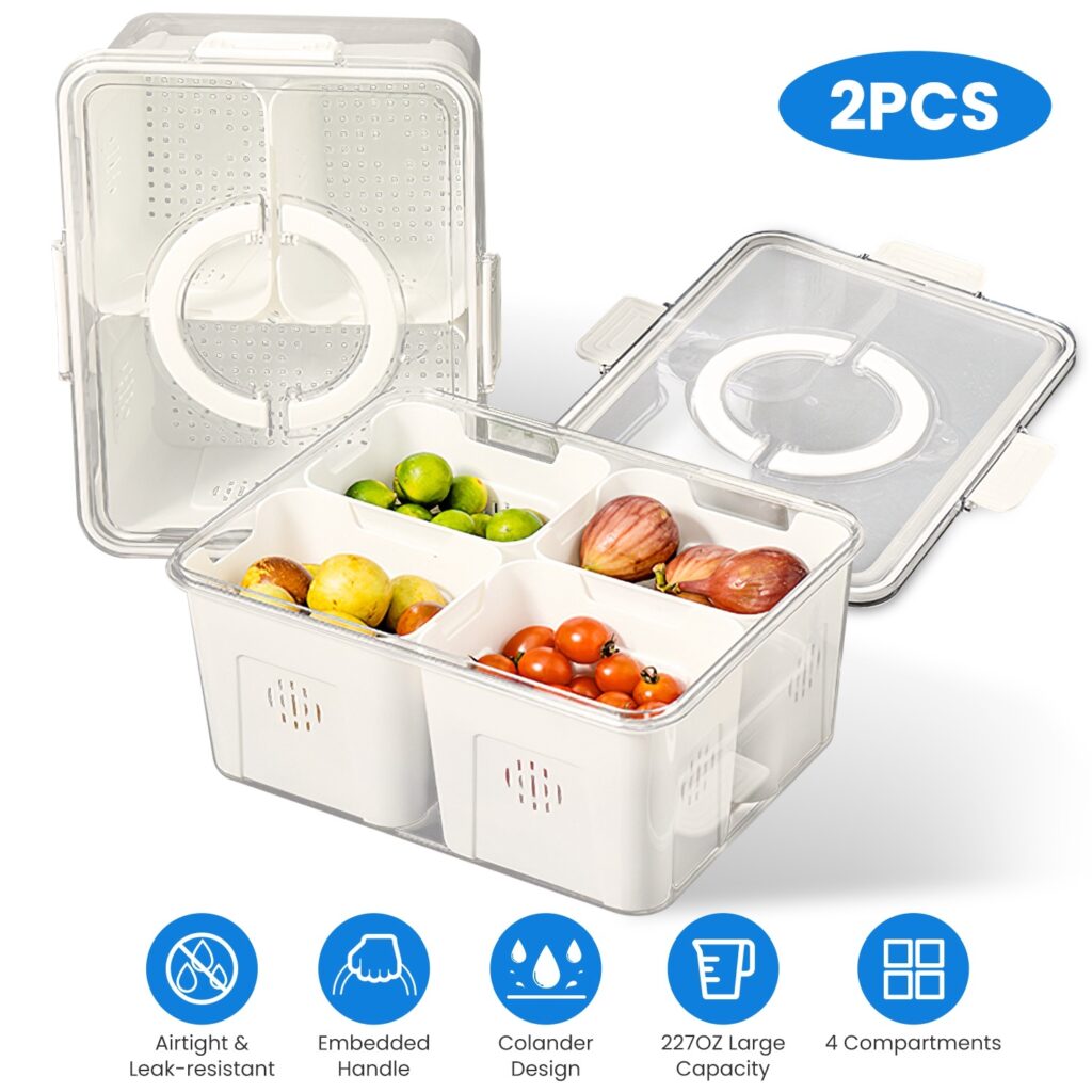 2-Pack Airtight Produce Storage Containers with 8 Removable Colanders (Fridge & Picnic Food Organizers)