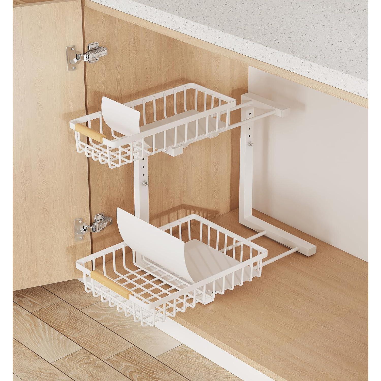 2-Tier Adjustable Under Sink Organizer (Pull-Out L-Shaped Metal Storage Rack for Kitchen & Bathroom) gallery view 6
