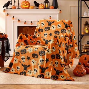 Halloween Plush Throw Blanket (50″ × 60″ Cozy Flannel Fleece Blanket with Ghosts, Pumpkins, Skulls & Bats, Spooky Orange Autumn Sofa & Bed Decor)