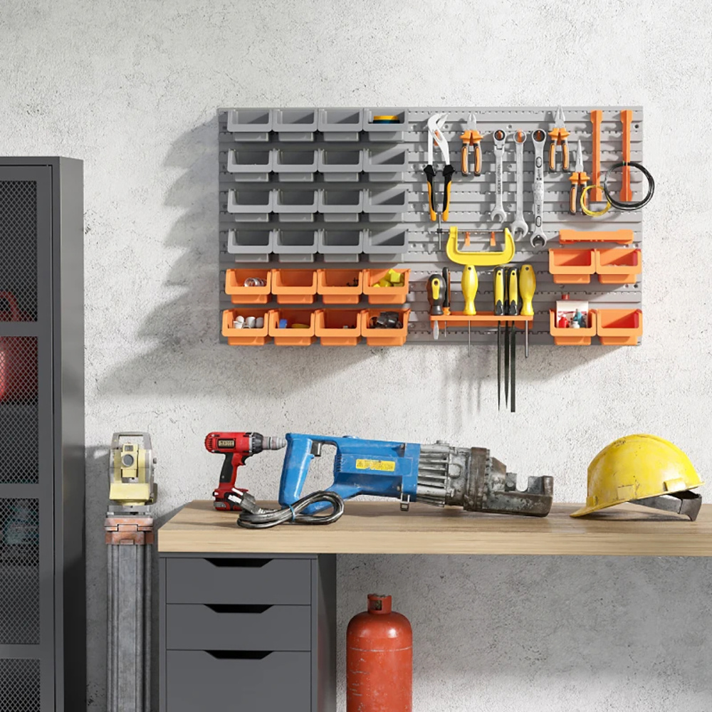 44-Piece Wall-Mounted Pegboard & Storage Bin Tool Organizer Kit (28 Multi-Sized Bins, Screwdriver Shelf & Hooks for Garage Workshop, Orange & Grey) gallery view 3