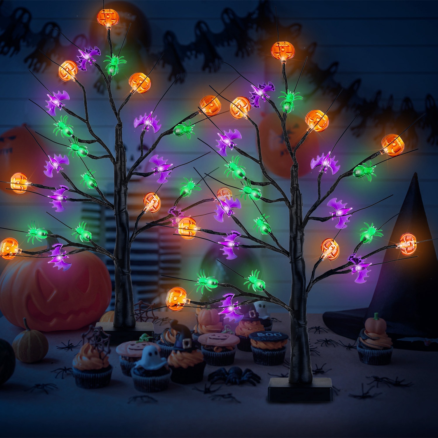 2-Pack 24″ Lighted Black Halloween Trees with Timer – Pre-Lit Tabletop Branch Decor for Indoor Party gallery view 7