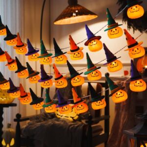 Halloween Pumpkin Witch Hat String Lights (4.9 FT 10-LED Jack-O'-Lantern Fairy Lights, 2 Lighting Modes, Battery-Operated Spooky Indoor & Outdoor Holiday Decor)