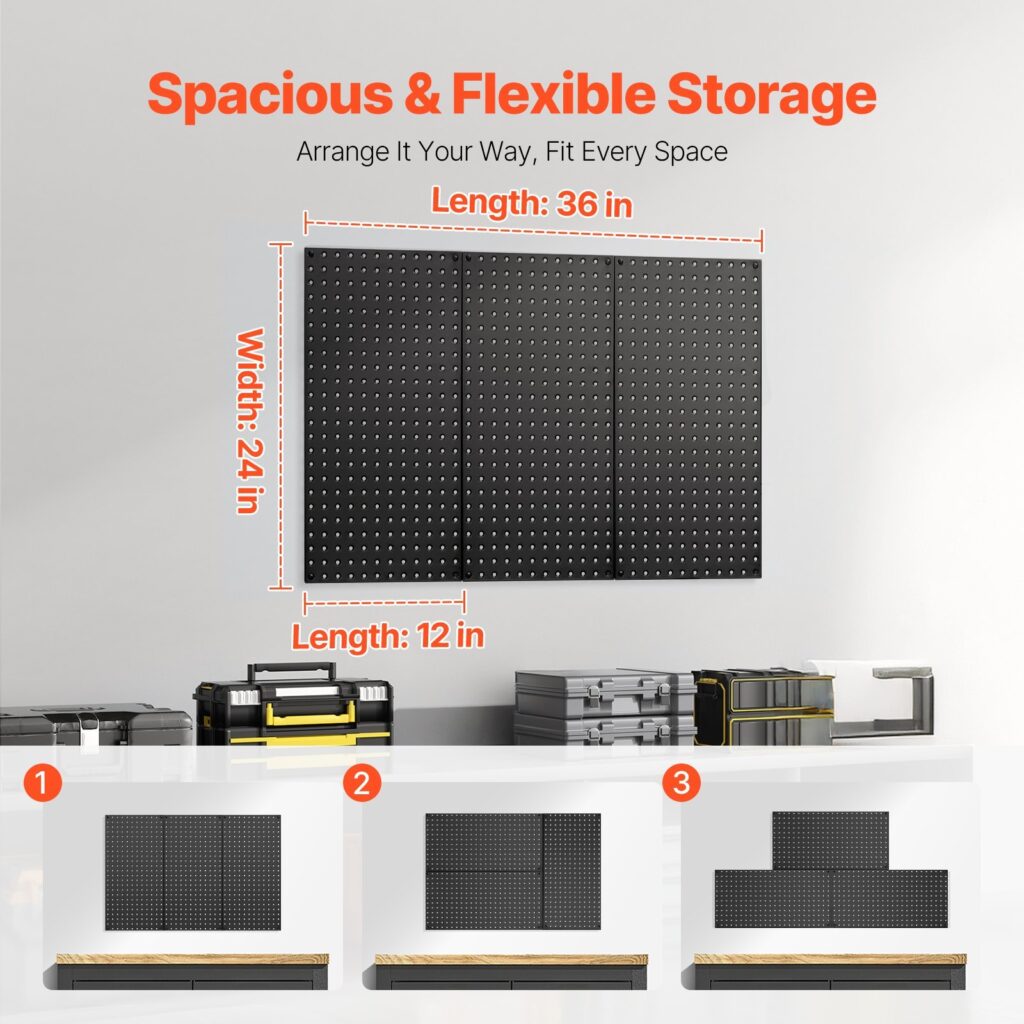 Heavy-Duty Steel Pegboard Panels (3-Pack, 36" × 24" Total Coverage) Wall-Mounted Metal Tool Organizer for Garage & Workshop, Black