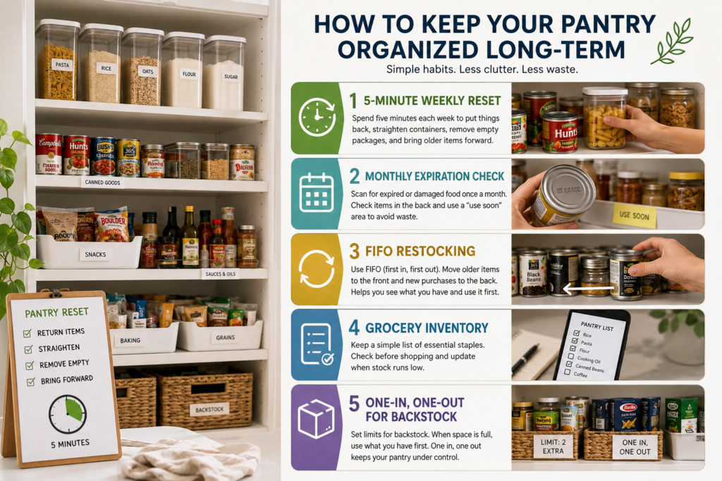 Simple pantry organization habits help keep food visible, accessible, and easy to restock long-term.