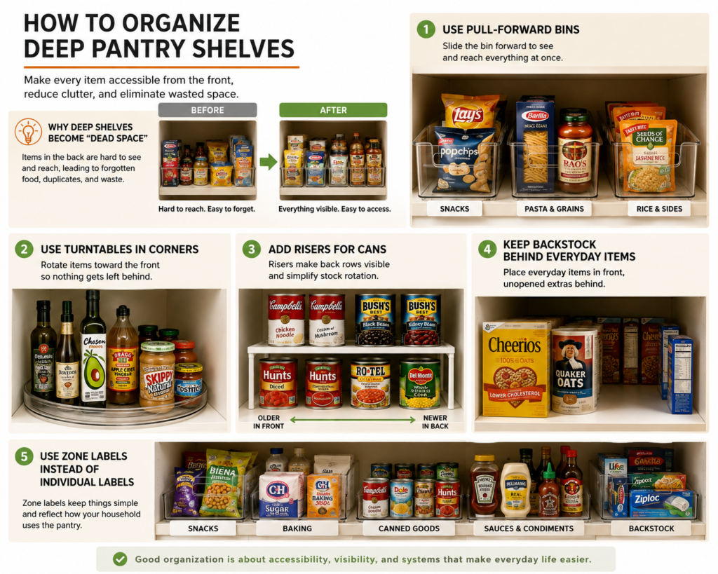 Learn how to organize deep pantry shelves using pull-forward bins, turntables, shelf risers, backstock storage, and labeled zones.