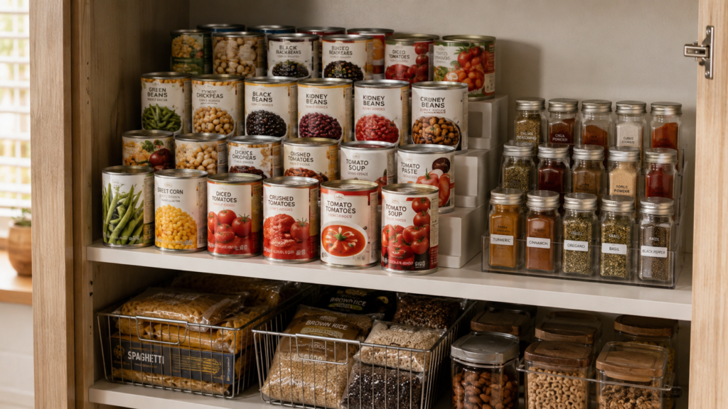 Organized pantry shelf with canned goods and spices arranged for easy access
