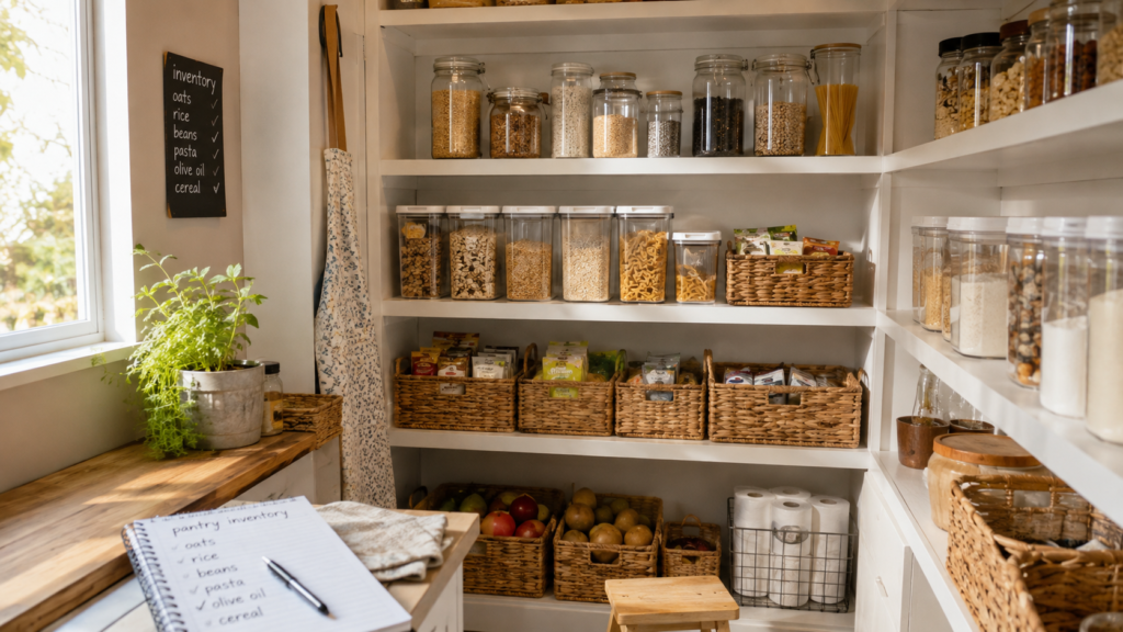 Organized home pantry with neatly stocked shelves and inventory checklist