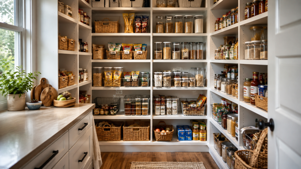 Organized home pantry with defined storage zones