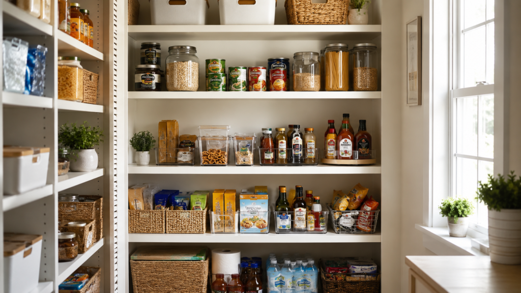 Organized pantry with everyday foods, backstock supplies, and soon-to-use items arranged to reduce food waste