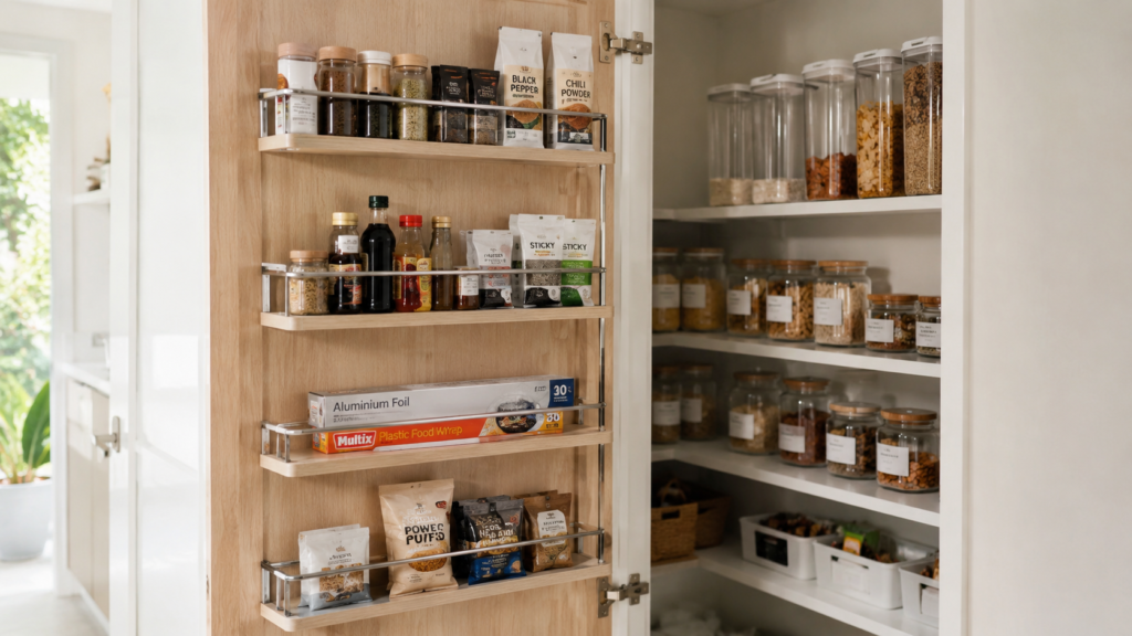 Pantry door storage rack organizing spices, sauces, wraps, and small pantry essentials