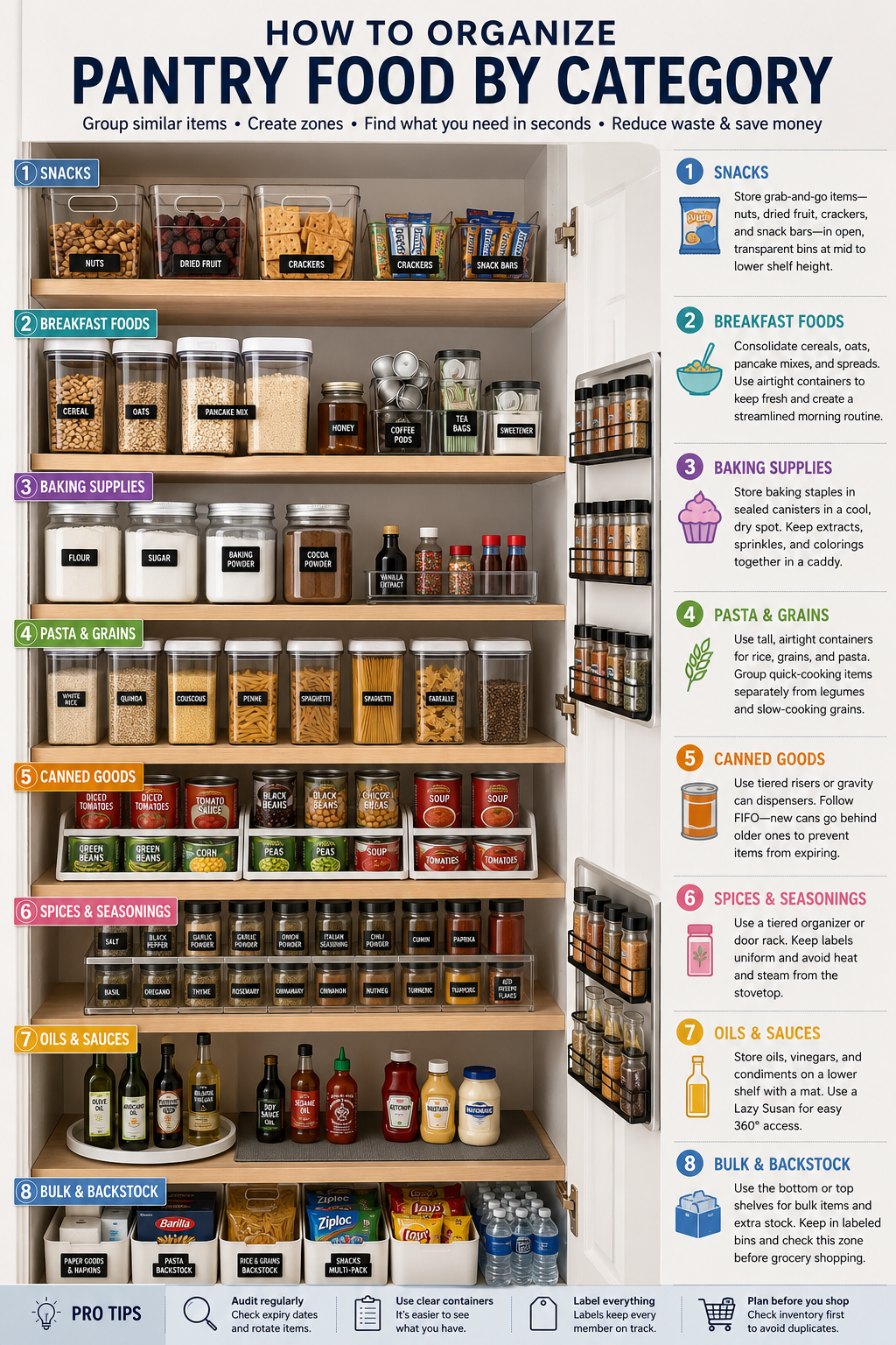 A well-organized pantry arranged by food category, with clear containers, labeled bins, and easy-to-access storage zones.