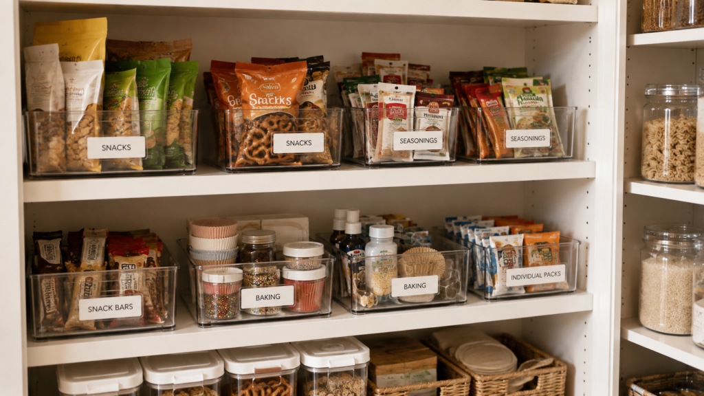Organized pantry shelf with clear storage bins
