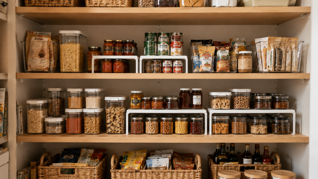 Pantry shelves with risers for vertical storage