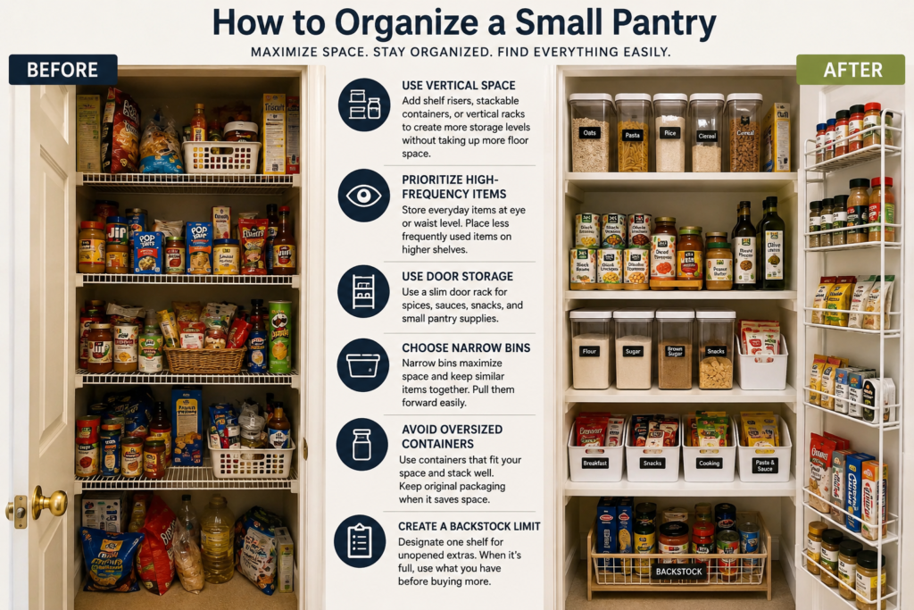 Small pantry organization before and after, using vertical storage, narrow bins, and door racks to maximize space.