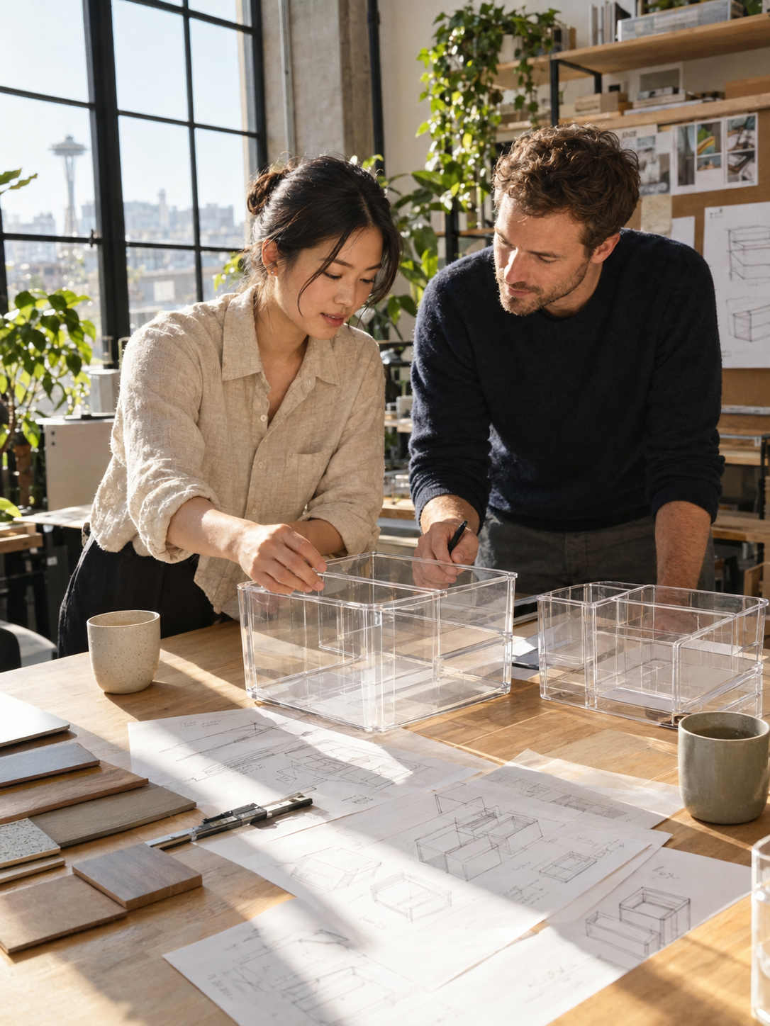 TidyVo founders sketching modular pantry organizer designs
