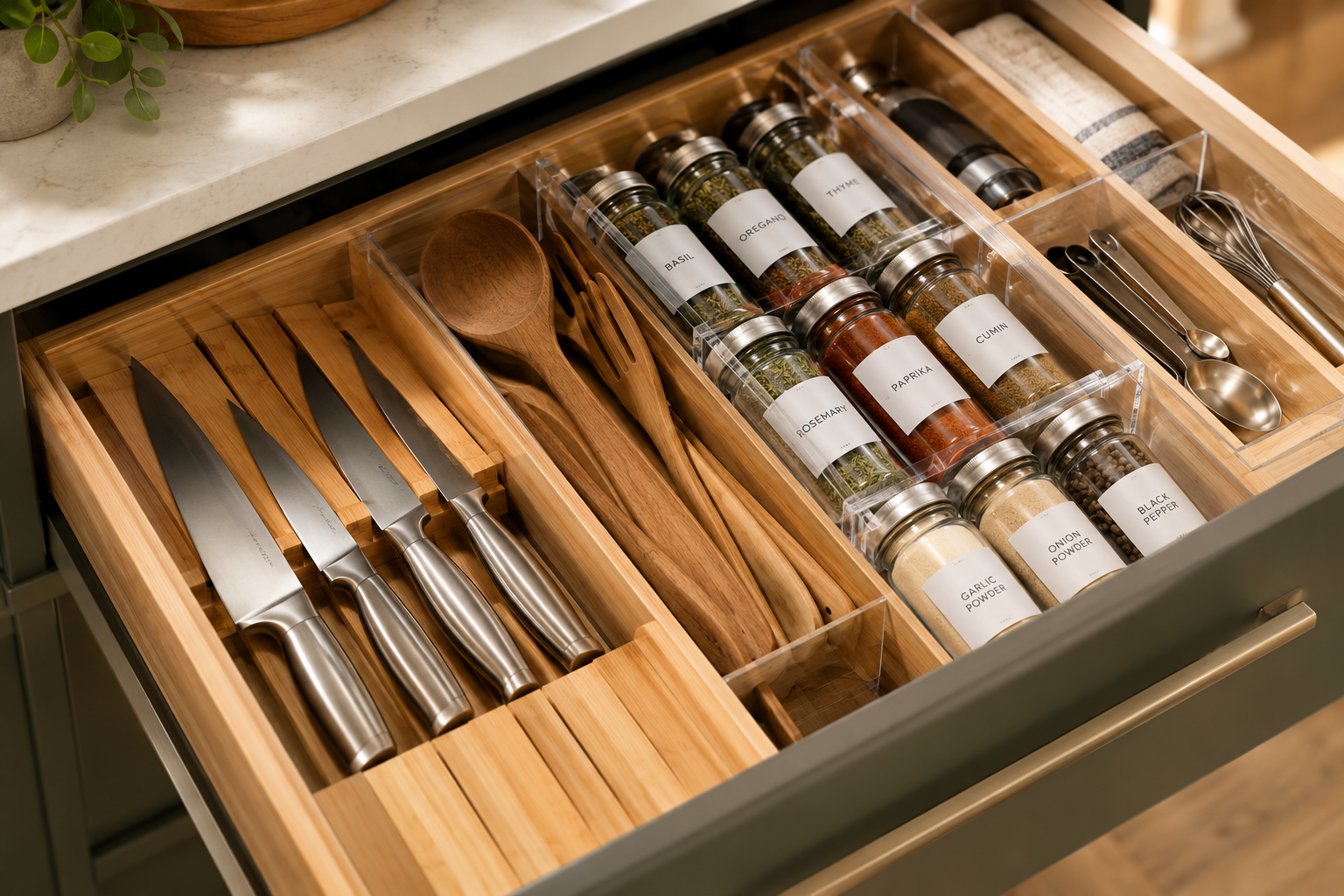 Kitchen Organization Materials - Bamboo and Acrylic Drawer Organizers
