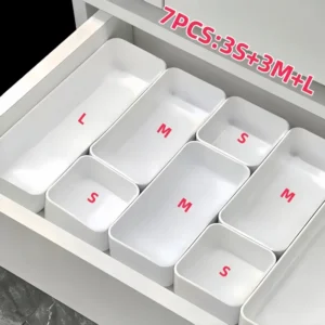 7 Piece Interlocking Drawer Organizer Bins (3 Sizes / Modular Trays for Vanity, Desk & Kitchen)
