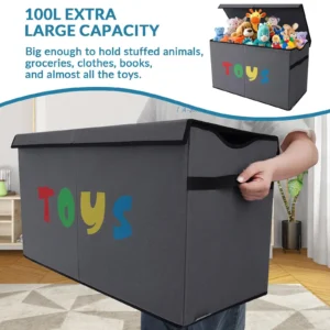 Large Collapsible Fabric Toy Storage Box with Lid (100L / Foldable Organizer with Divider)